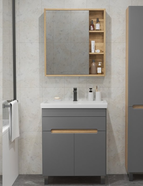 Мебель для ванной комнаты SanStar Модена 70 напольная, графит софт, дуб вотан, раковина Фостер 70