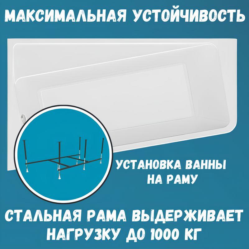 Акриловая ванна 1MarKa Direct L Стандарт 2 170x100 см, угловая, левая, встраиваемая, белая, асимметричная, с каркасом, с сиденьем, со сливом-переливом