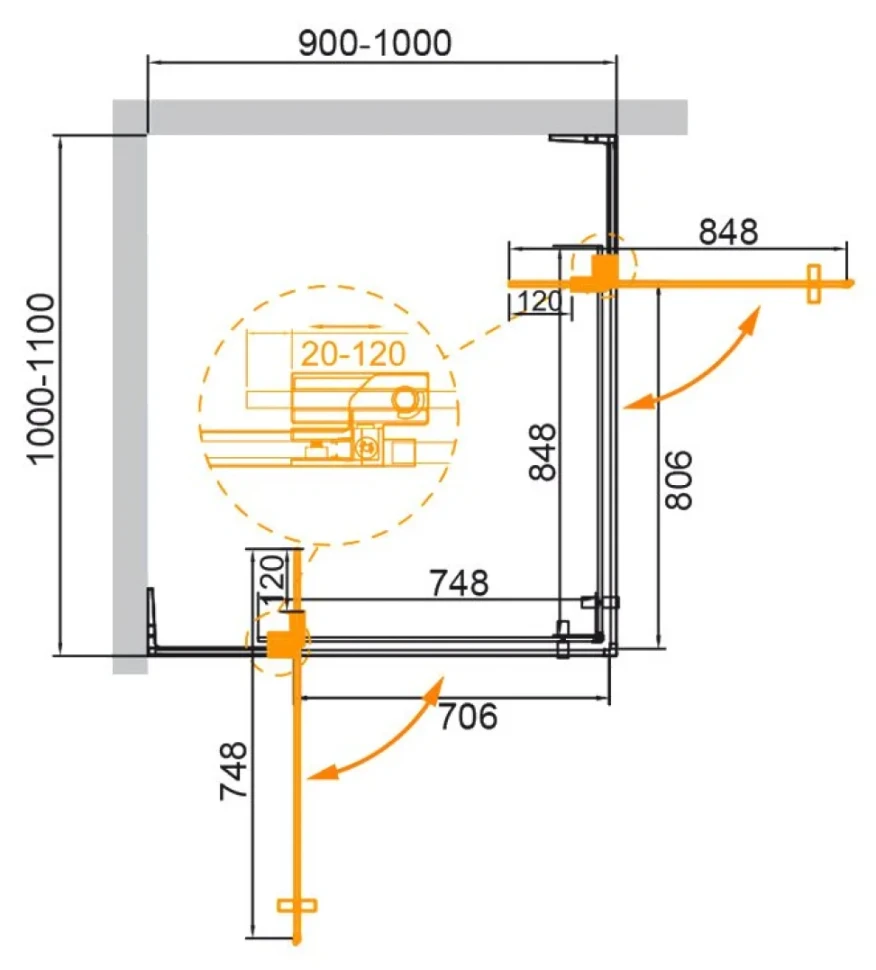 Душевой уголок Cezares Slider AH 2 90/100-100/110 C GM профиль оружейная сталь, стекло прозрачное