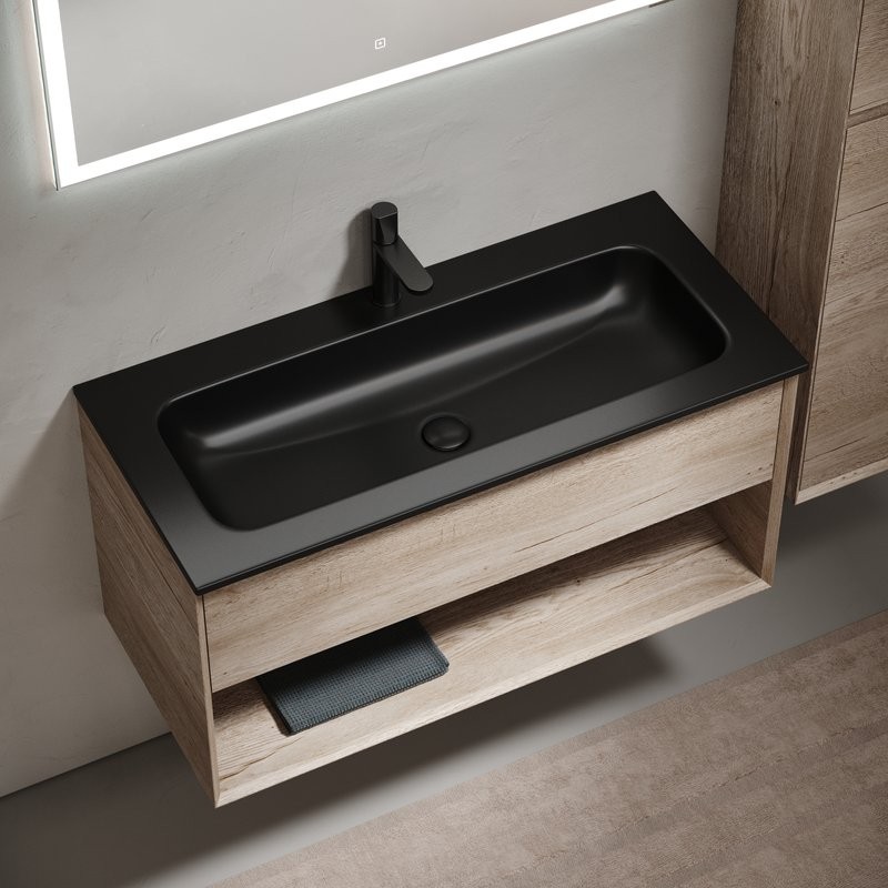 Тумба с раковиной Sancos Marmi 1.0 100 черная раковина, дуб галифакс натуральный