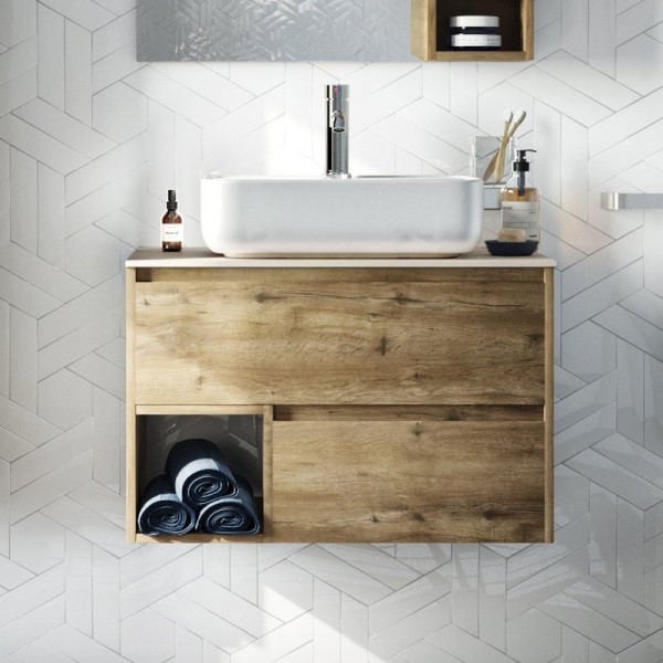 Тумба под раковину со столешницей STWORKI Карлстад 75 дуб рустикальный, простоун беж