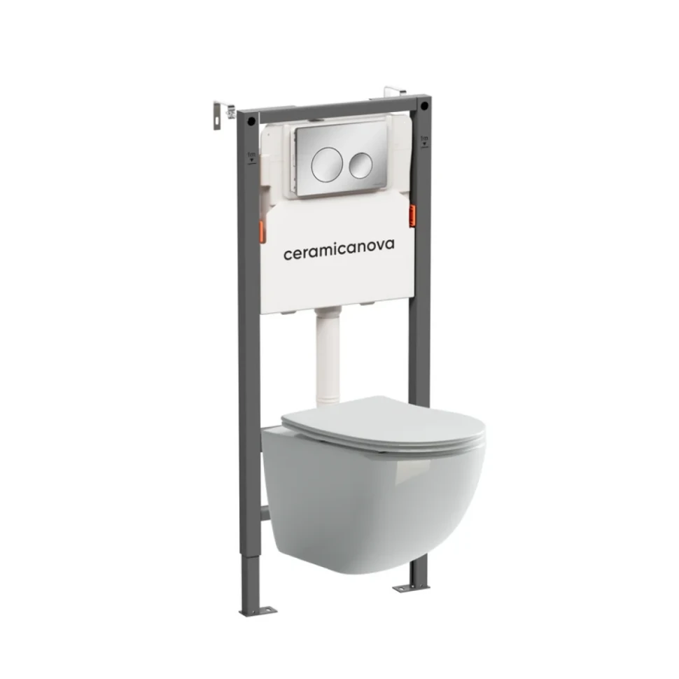 Комплект Ceramicanova Унитаз подвесной Forma CN3009 безободковый, с микролифтом + Инсталляция Balance CN121001CH с кнопкой Circle глянцевый хром