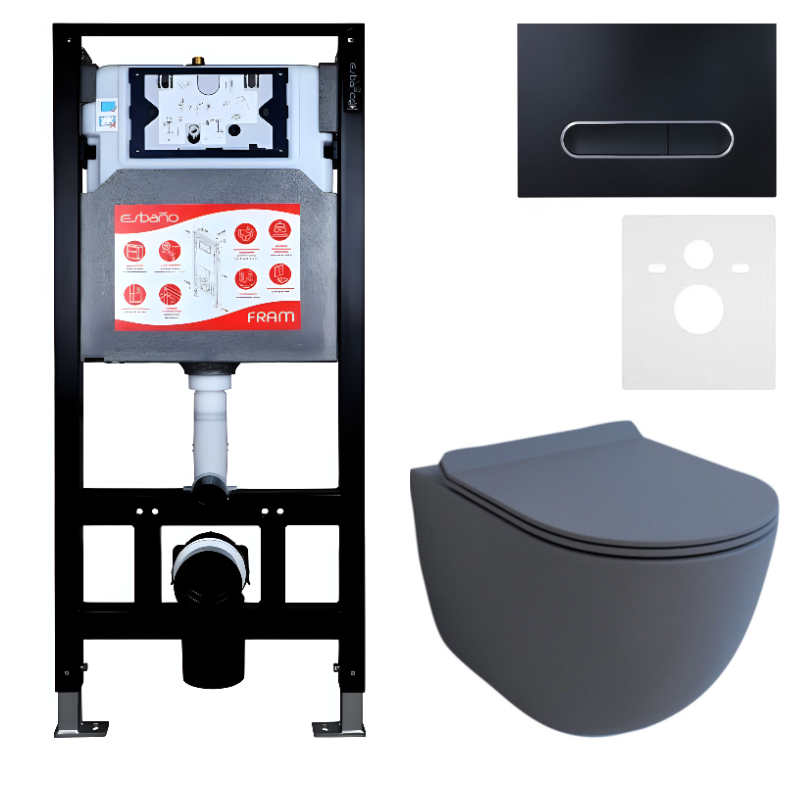 Комплект Унитаз подвесной Esbano Garcia ESUPGARCGM матовый серый + Инсталляция Fram + Кнопка ESINOVL17MB
