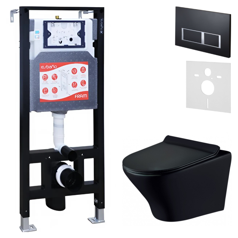 Комплект Унитаз подвесной Esbano Aster ESUPASTEBM матовый черный + Инсталляция Fram + Кнопка ESINPRK12MB