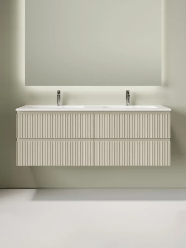 Тумба с раковиной Sancos Snob T 70 beige soft, 2 шт, раковина Ceramicanova Grace CN7022 с двумя чашами, с отверстиями под смеситель