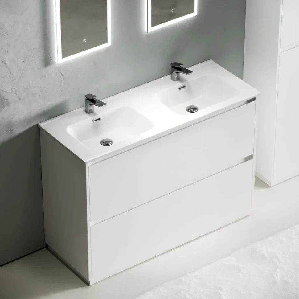 Мебель для ванной комнаты Sancos Libra Floor 120 белый глянец, двойная белая раковина CN7004