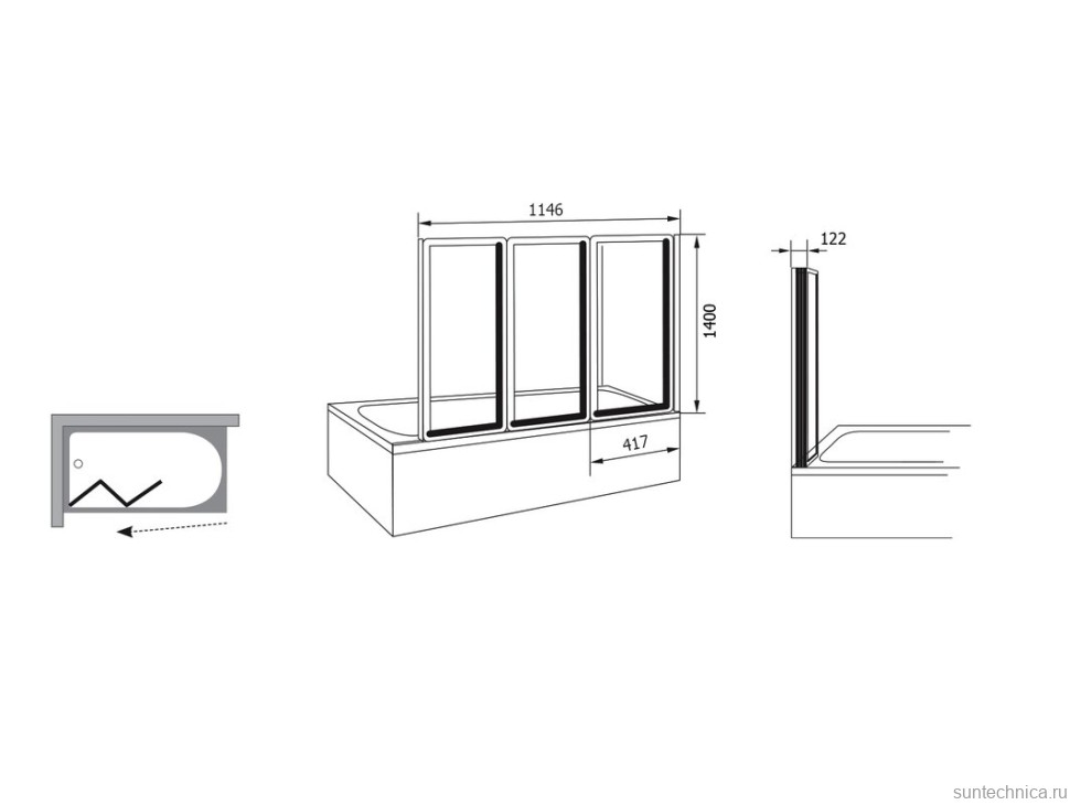 Шторка на ванну Ravak VS3 115 профиль сатин, прозрачное стекло Transparent