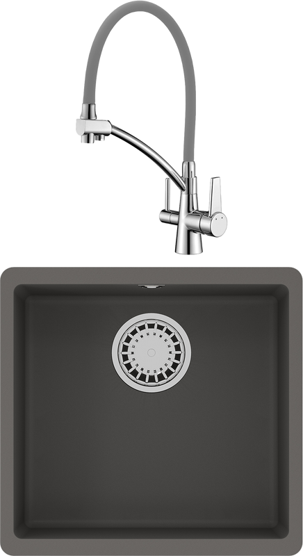 Комплект Мойка Lemark Sinara 440-U 9910071 серый шелк + Смеситель Comfort LM3071C-Gray с гибким изливом, хром, серый