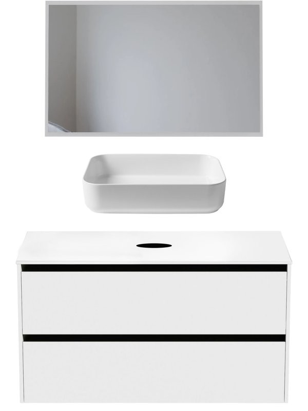 Мебель для ванной комнаты Allen Brau Activity 120 с подсветкой, матовый белый, черный браш, столешница белая, раковина Fantasy Quad 50, белая