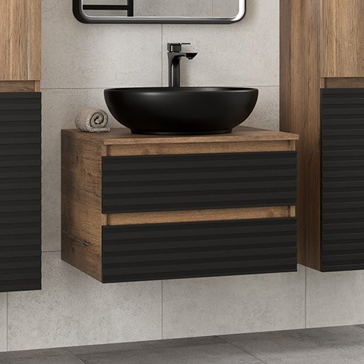 Тумба под раковину Brevita Dakota 60 подвесная, дуб галифакс олово, черный кварц