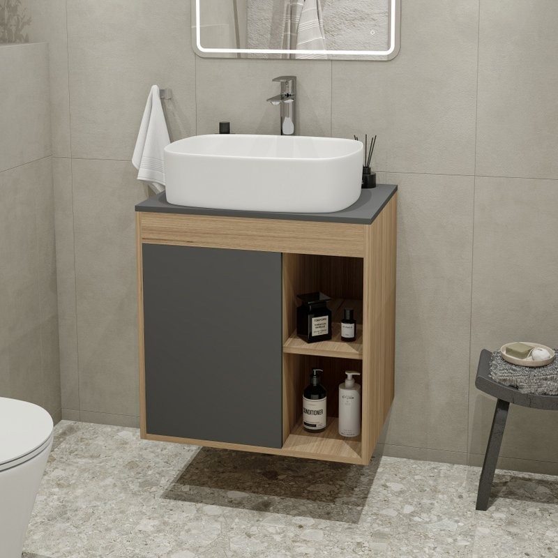 Тумба с раковиной Teymi Nura 60 дуб эврика, матовый графит, раковина Solli 51