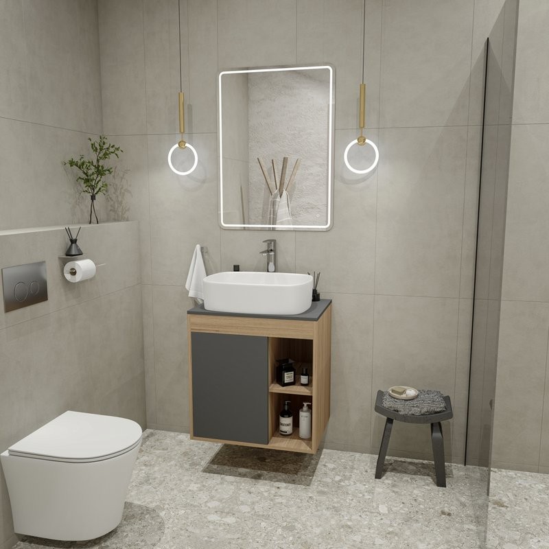 Тумба с раковиной Teymi Nura 60 дуб эврика, матовый графит, раковина Solli 51