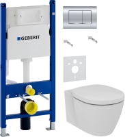 Комплект Унитаз подвесной Ideal Standard Connect AquaBlade E047901 + Крышка + Инсталляция Geberit Duofix Delta 458.163.21.1 с кнопкой смыва, хром + Звукоизоляция