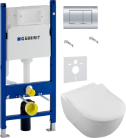 Комплект Унитаз подвесной Villeroy & Boch Subway 2.0 5614 R001 + Крышка 9M78S101 с микролифтом, петли хром + Инсталляция Geberit Duofix Delta 458.163.21.1 с кнопкой смыва, хром + Звукоизоляция
