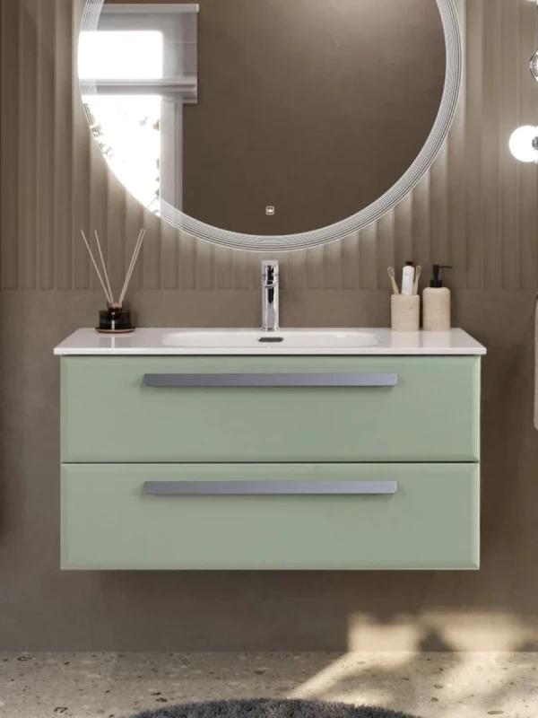 Тумба с раковиной Cezares Eco-Cer-N 100 светло-зеленая матовая, раковина CZR-8095-100, ручки серые