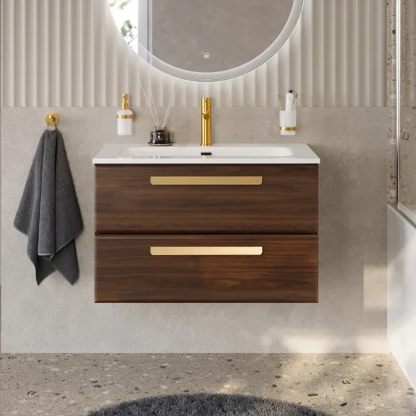 Тумба с раковиной Cezares Eco Cer-N 80 орех шоколад софт, раковина Eco 80, ручки сатиновое золото