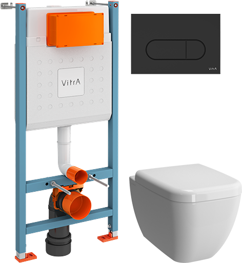 Комплект Унитаз подвесной VitrA Shift 7742B003-0075 белый глянцевый + Крышка 91-003-009 с микролифтом, петли хром + Инсталляция V-Fix Core 732-5800-01 с кнопкой смыва Root R 740-2211 черной матовой