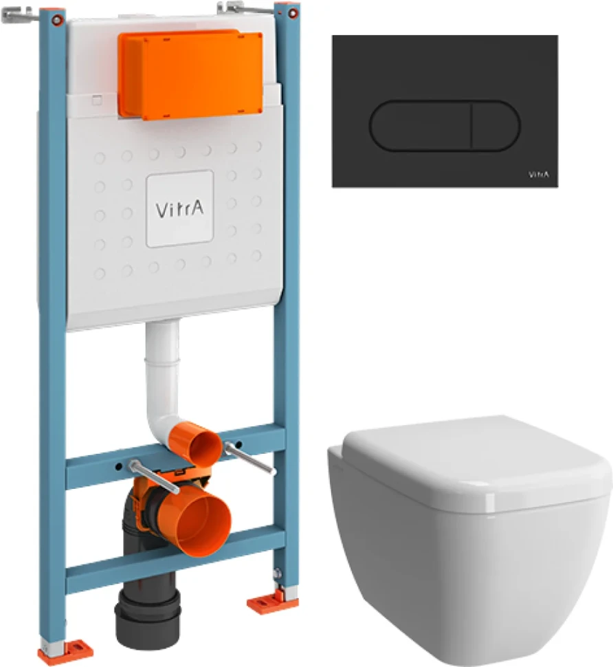 Комплект Унитаз подвесной VitrA Shift 7742B003-0075 белый глянцевый + Крышка 91-003-009 с микролифтом, петли хром + Инсталляция V-Fix Core 732-5800-01 с кнопкой смыва Root R 740-2211 черной матовой