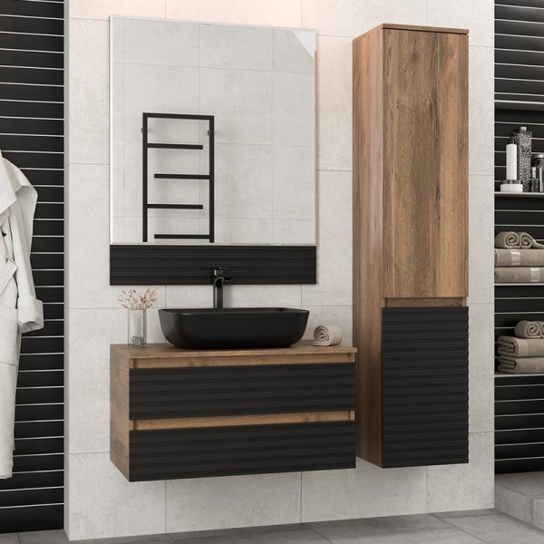 Мебель для ванной комнаты Brevita Dakota 80 подвесная, дуб галифакс олово, черный кварц