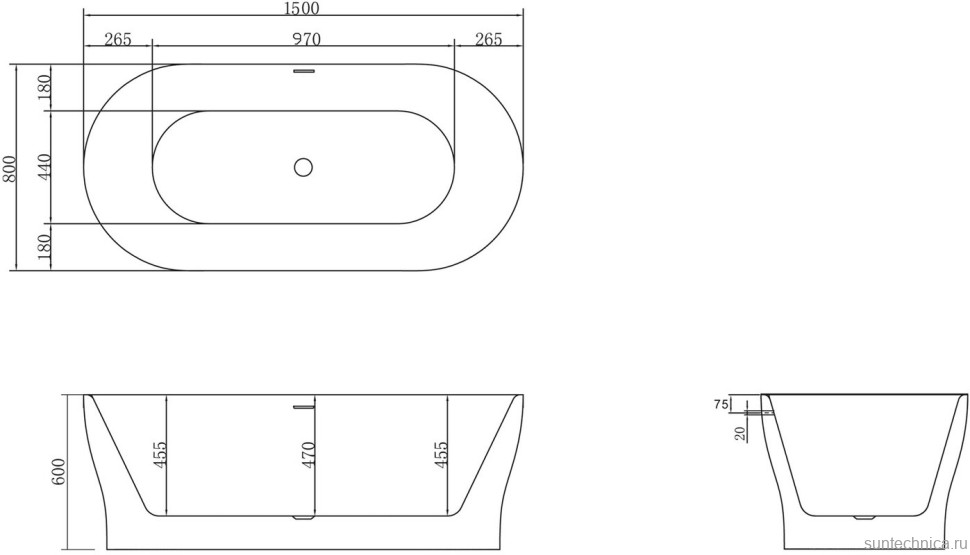 Акриловая ванна BelBagno BB405-1500-800 без опоры 150x80 см, отдельностоящая, белая, овальная, со сливом-переливом