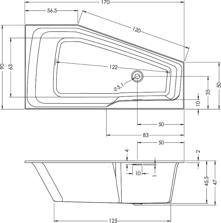 Акриловая ванна Riho Rething Space L 170x90 см, угловая, левая, встраиваемая, цвет европейский белый, пятиугольная, на ножках, со сливом-переливом