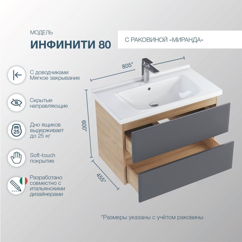 Мебель для ванной комнаты SanStar Инфинити 80 подвесная, дуб сонома светлый, графит софт, раковина Миранда