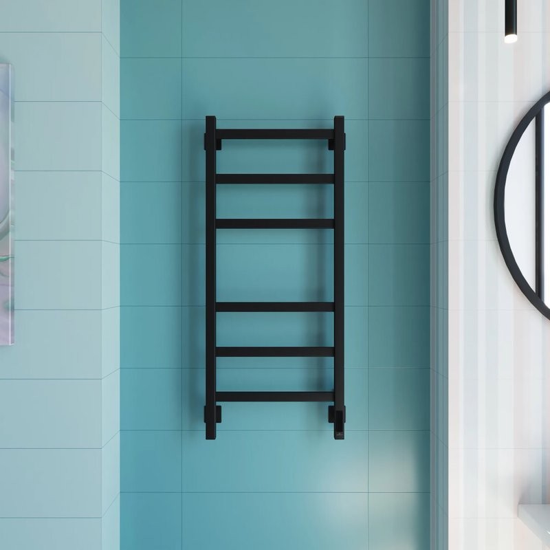 Полотенцесушитель электрический Grota Nosto 430х1000 RAL9005 EL 100x45 см, подключение справа, слева, скрытое подключение справа, матовый черный, лесенка, из стали