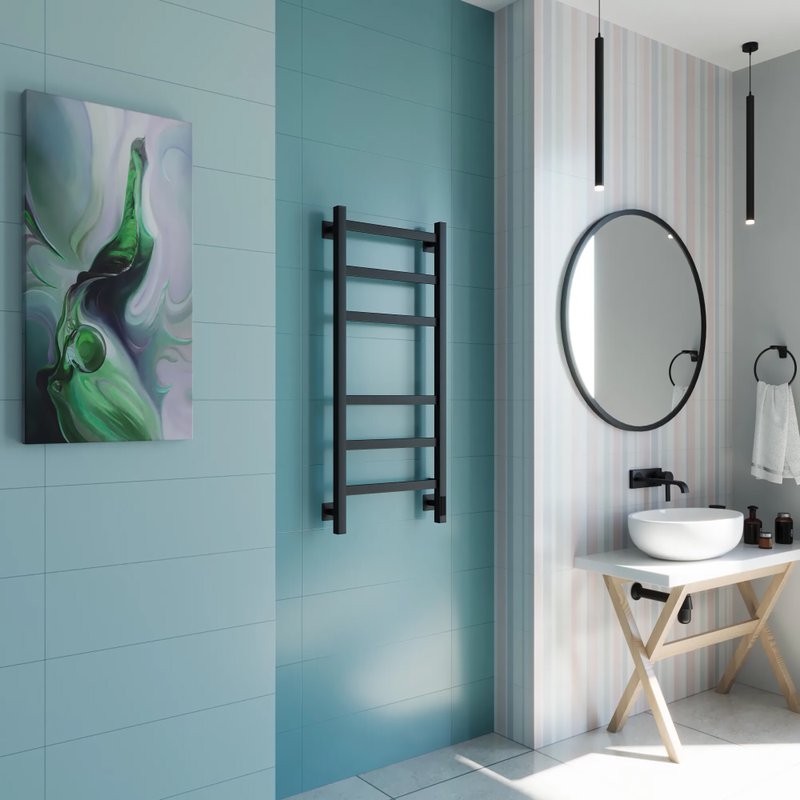 Полотенцесушитель электрический Grota Nosto 430х1000 RAL9005 EL 100x45 см, подключение справа, слева, скрытое подключение справа, матовый черный, лесенка, из стали