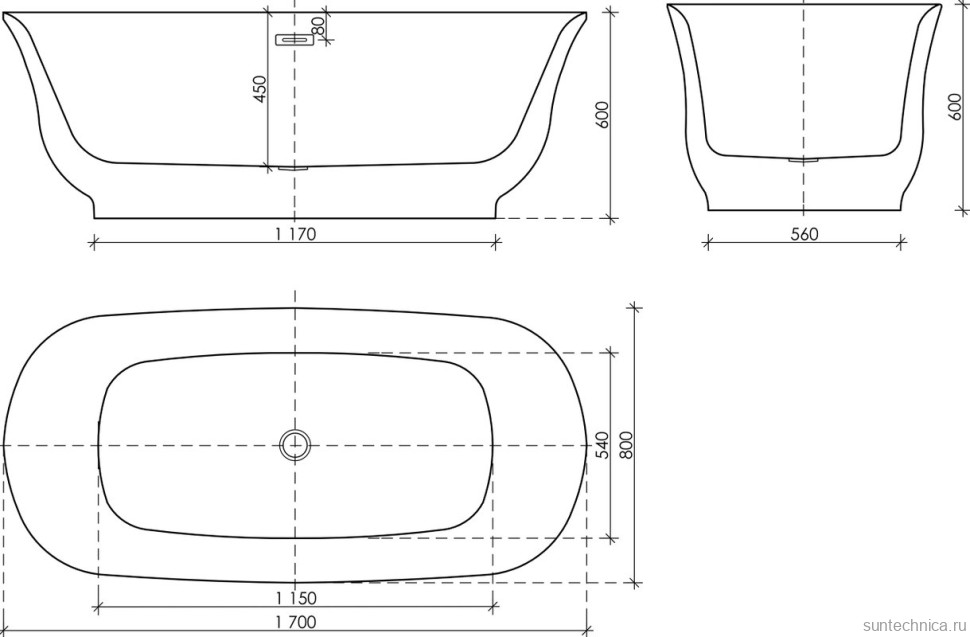 Акриловая ванна Sancos Viva FB08 170x80 см, отдельностоящая, белая, овальная, с каркасом, со сливом-переливом