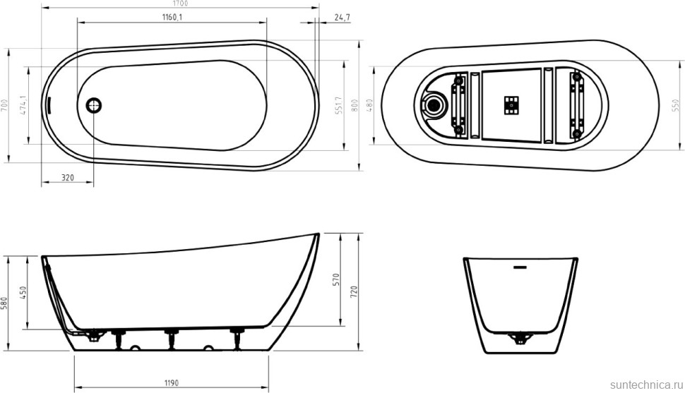 Акриловая ванна BelBagno BB704 170x80 см, отдельностоящая, белая, овальная, на ножках, со сливом-переливом, с донным клапаном