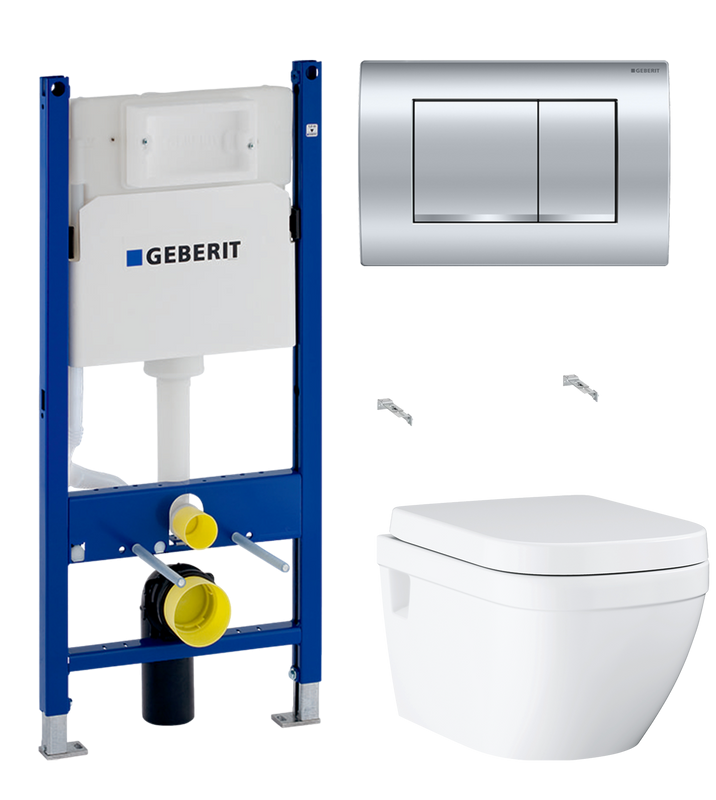 Комплект Унитаз подвесной Grohe Euro Ceramic 39703000 безободковый + Инсталляция Geberit Duofix Delta 458.163.21.1 с кнопкой смыва, хром