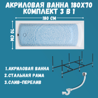 Комплект Акриловая ванна 1MarKa Modern Стандарт 2+ 180x70 см, пристенная, белая, со сливом-переливом