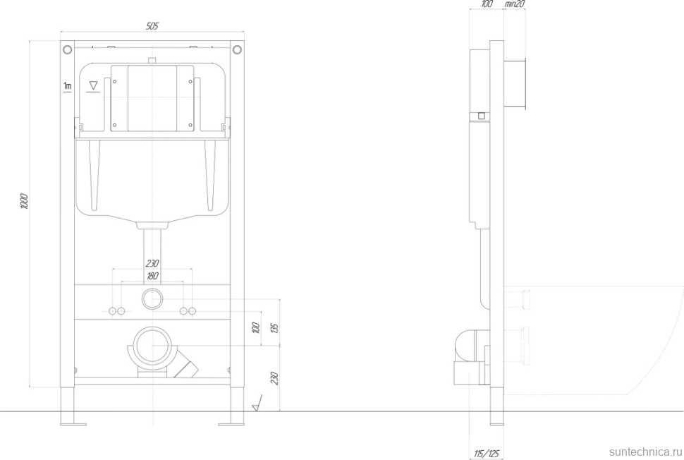 Инсталляция для унитаза AQUATEK Pneumo N49 INSP-0000002 пневматическое управление, крепление к полу и стене, с регулировкой по высоте, с шумоизоляцией