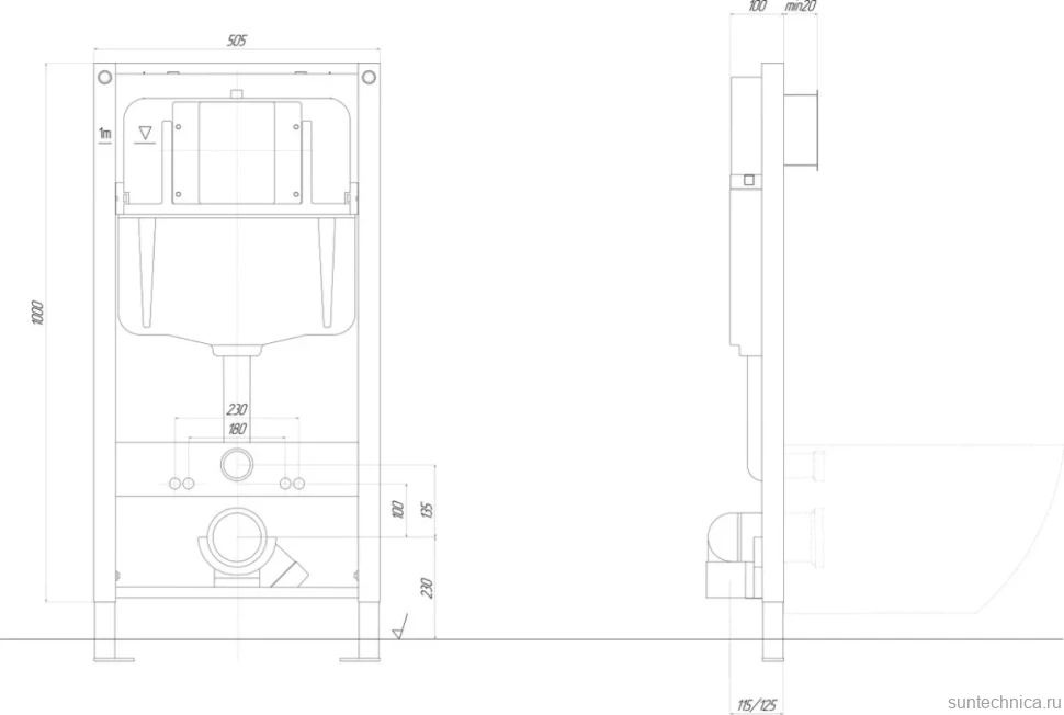 Инсталляция для унитаза AQUATEK Pneumo N49 INSP-0000002 пневматическое управление, крепление к полу и стене, с регулировкой по высоте, с шумоизоляцией