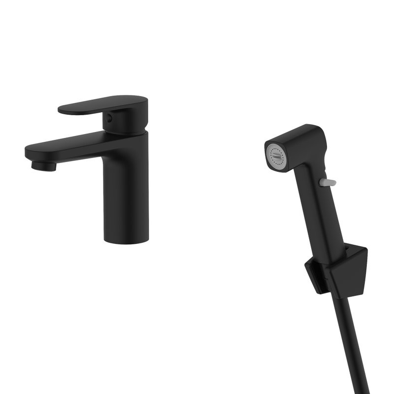 Смеситель для раковины AQUATEK Ника AQ1812MB с гигиеническим душем, черный матовый