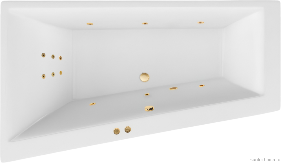 Акриловая ванна Excellent Sfera Slim Line L 170x100 см, угловая, левая, встраиваемая, с гидромассажем, белая, асимметричная, с каркасом, со сливом-переливом, фурнитура золото