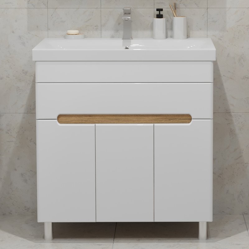 Тумба с раковиной SanStar Модена 80 напольная, глянцевая белая, дуб вотан, раковина Moduo 80