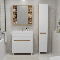 Тумба с раковиной SanStar Модена 80 напольная, глянцевая белая, дуб вотан, раковина Moduo 80