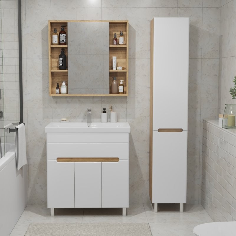 Тумба с раковиной SanStar Модена 80 напольная, глянцевая белая, дуб вотан, раковина Moduo 80