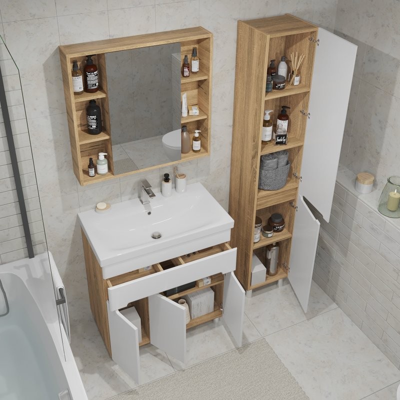 Тумба с раковиной SanStar Модена 80 напольная, глянцевая белая, дуб вотан, раковина Moduo 80