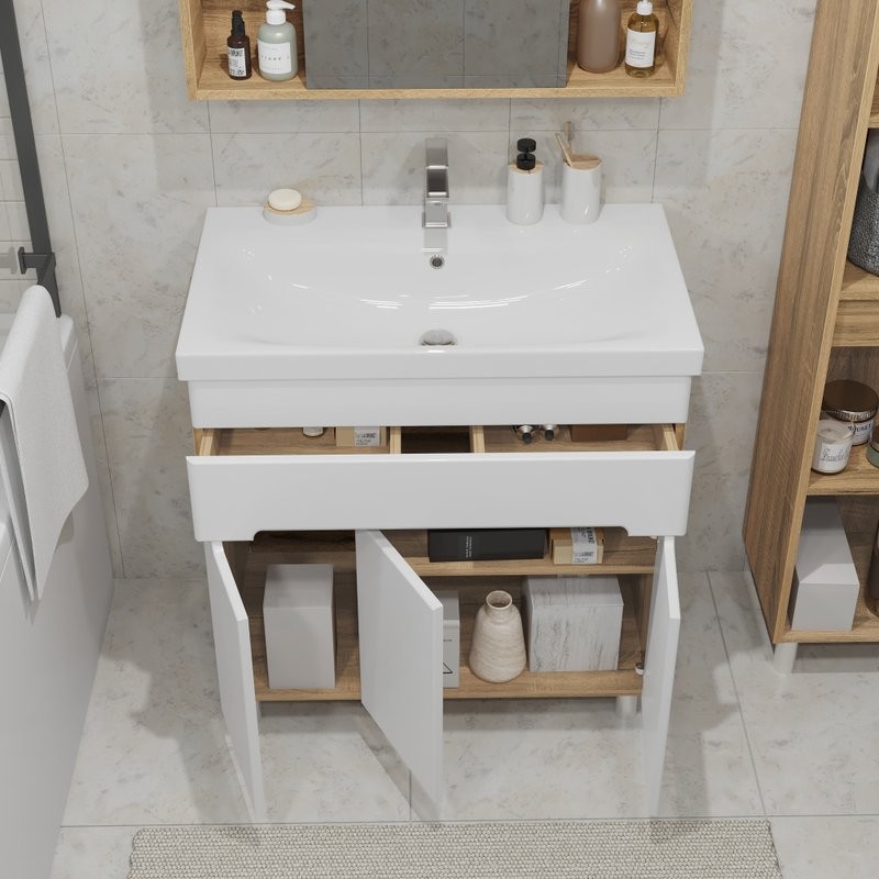 Тумба с раковиной SanStar Модена 80 напольная, глянцевая белая, дуб вотан, раковина Moduo 80