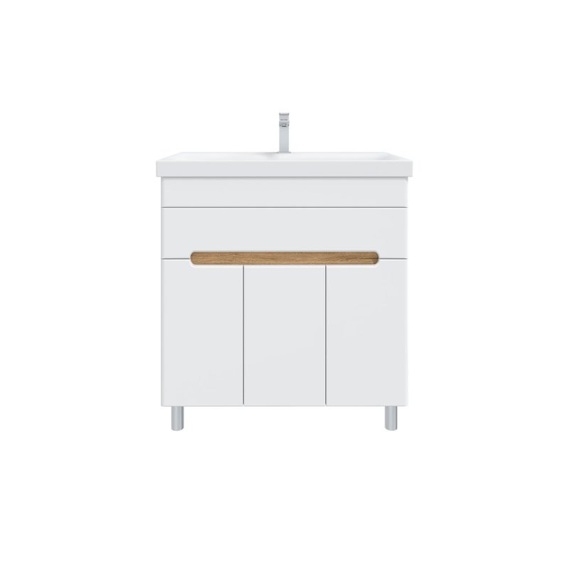 Тумба с раковиной SanStar Модена 80 напольная, глянцевая белая, дуб вотан, раковина Moduo 80