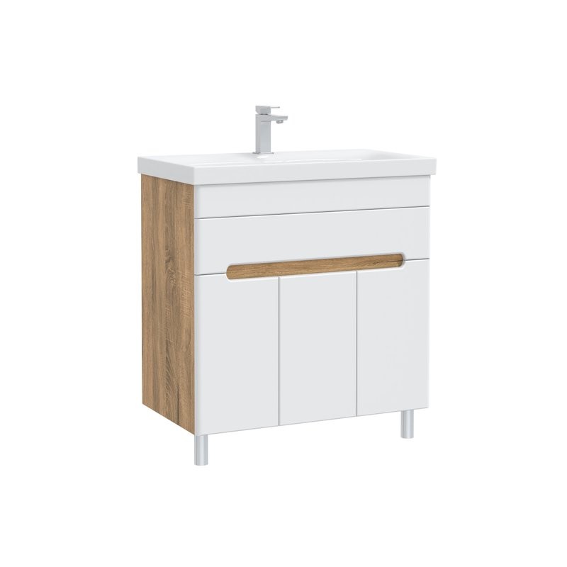 Тумба с раковиной SanStar Модена 80 напольная, глянцевая белая, дуб вотан, раковина Moduo 80