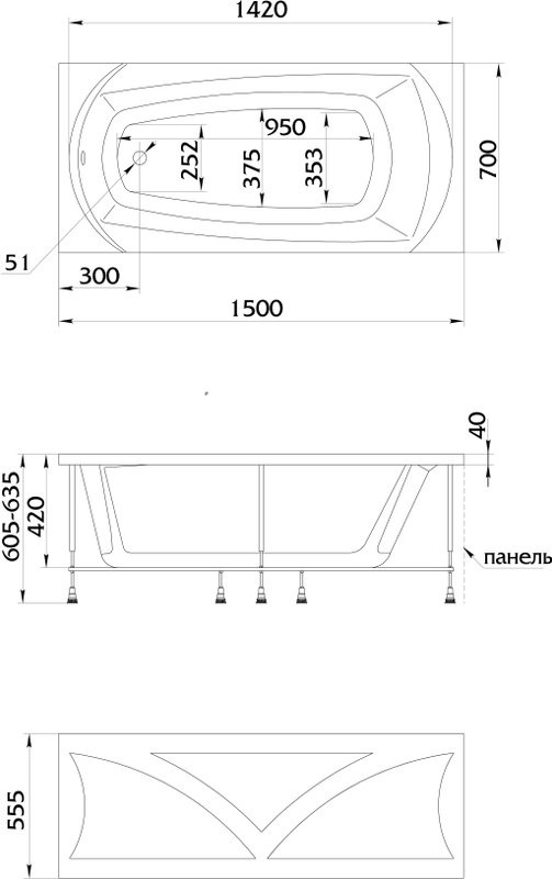 Акриловая ванна 1MarKa Elegance Стандарт 1+ 150x70 см, пристенная, белая, на ножках, с экраном, со сливом-переливом