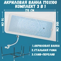 Акриловая ванна 1MarKa Direct R Стандарт 2 170x100 см, угловая, правая, встраиваемая, белая, асимметричная, с каркасом, с сиденьем, со сливом-переливом