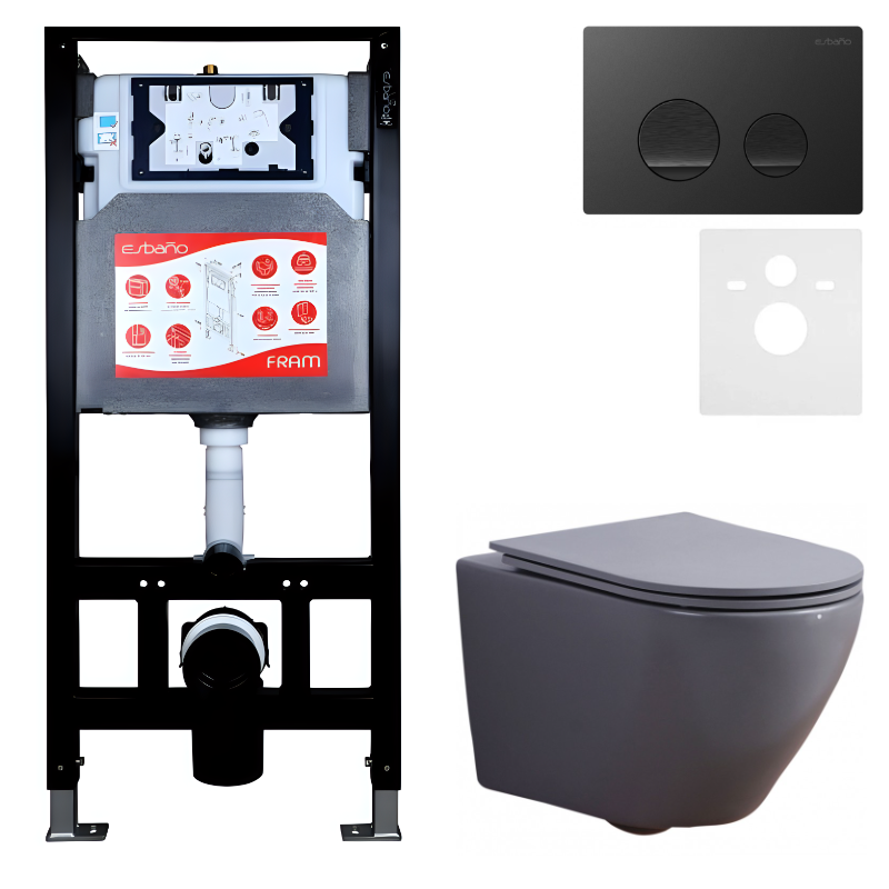 Комплект 3 в 1 Унитаз подвесной Esbano Azalea ESUPAZALGM + Инсталляция Fram + Кнопка ESINSLM37MB цвет матовый черный