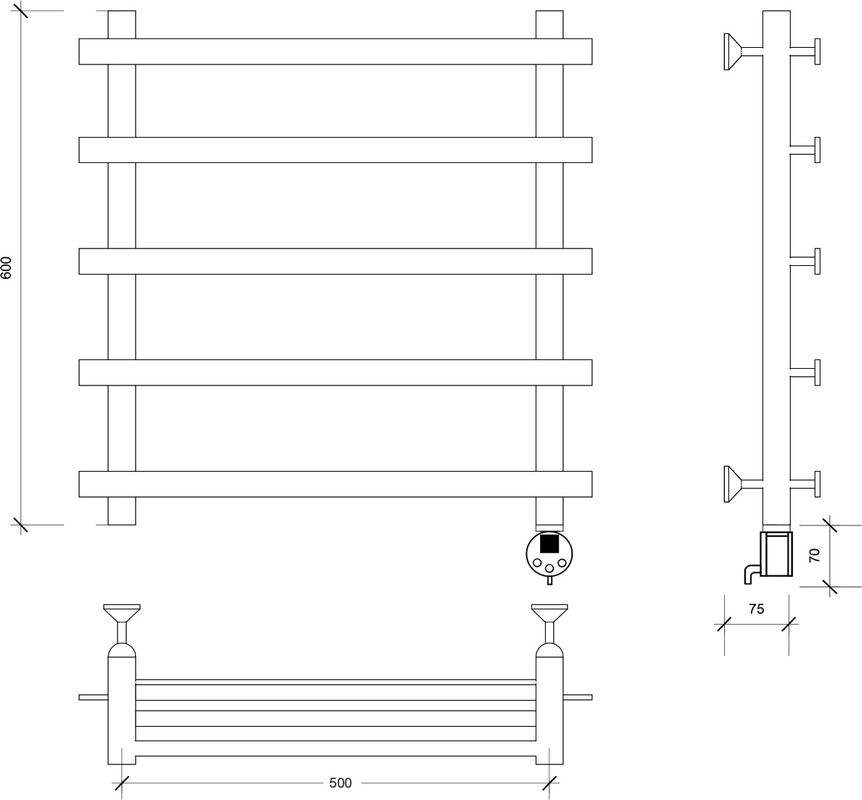 Полотенцесушитель электрический Secado Понтида 1, R 60x60 см, подключение справа, матовый черный, лесенка