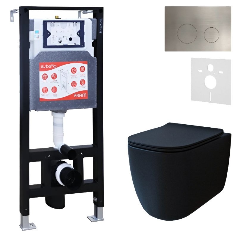 Комплект 3 в 1 Унитаз подвесной Esbano ESUPGARABM + Инсталляция Fram + Кнопка ESINMTP21ST цвет сатин