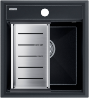 Мойка кухонная Paulmark Stepia PM114651-BLM+A375-BS с коландером, черный металлик