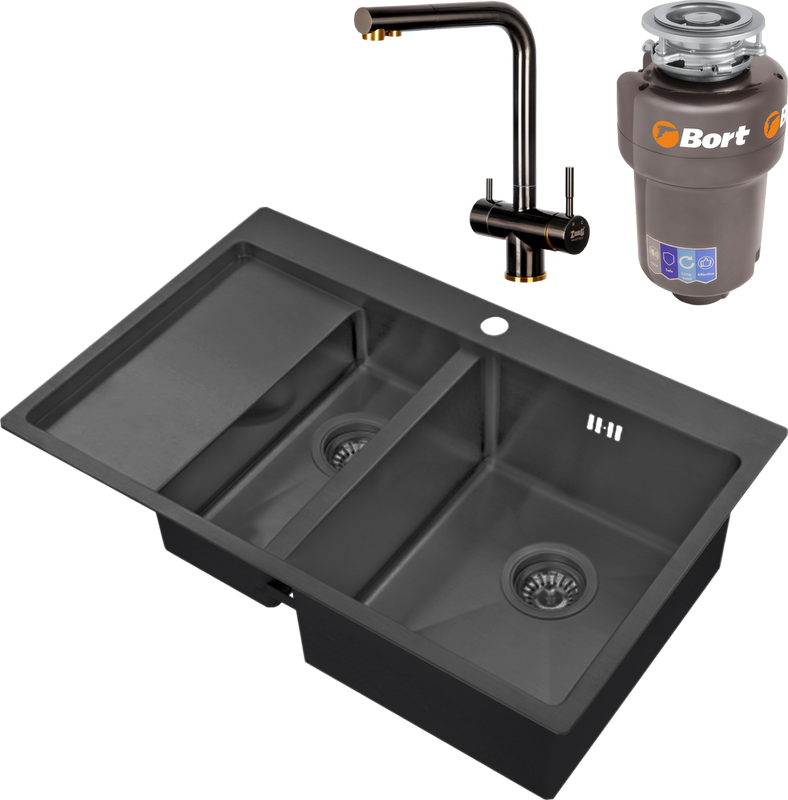 Комплект Мойка Zorg Inox PVD 5178-2-R grafit + Смеситель Inox SZR-7039 BR/GRAFIT бронза графит + Измельчитель Bort Titan 5000 Control